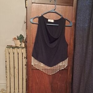 Homebody Woman's Size S Black Sleeveless Top with Pearl Fringe Detail